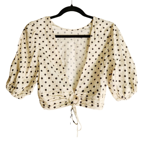 Peony Swimwear Resortwear Tie Front Crop Puff Sleeve Polka Dot Top - Picture 3 of 16